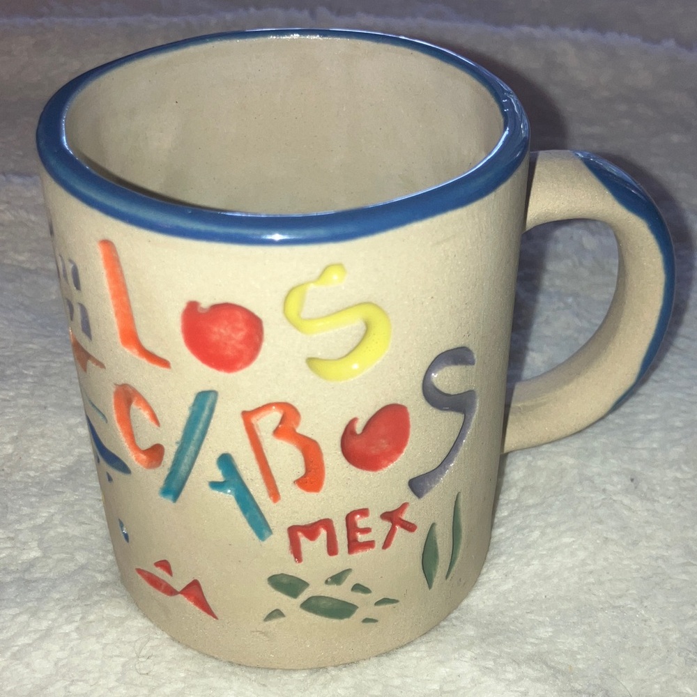 Handmade Art Pottery   Coffee Mug "LOS CABOS" 14 Oz. Souvenir Mexico Beach Scene